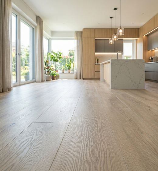 cocina moderna con piso laminado texturizado