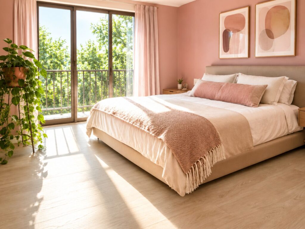 dormitorio moderno con inatalacion de piso laminalado spc color roble claro