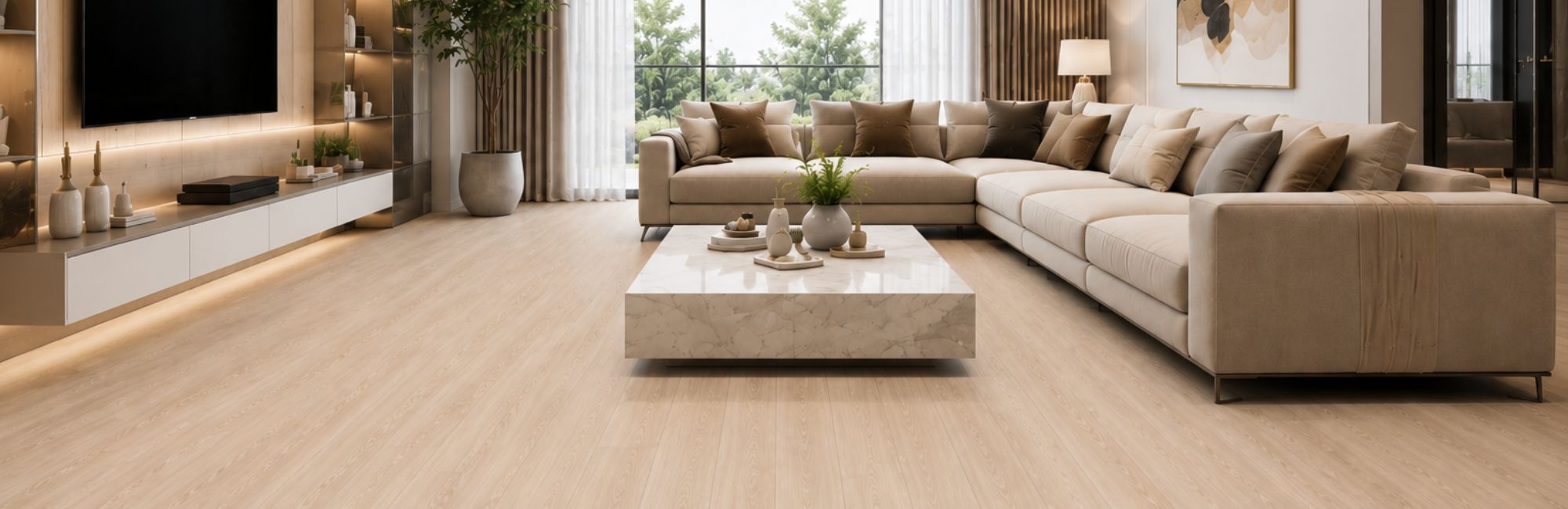 sala elegante con piso spc color roble claro