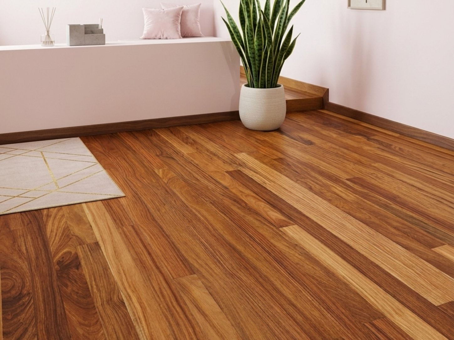 instalacion de piso de madera maciza cumarú en sala de espera de un spa de belleza