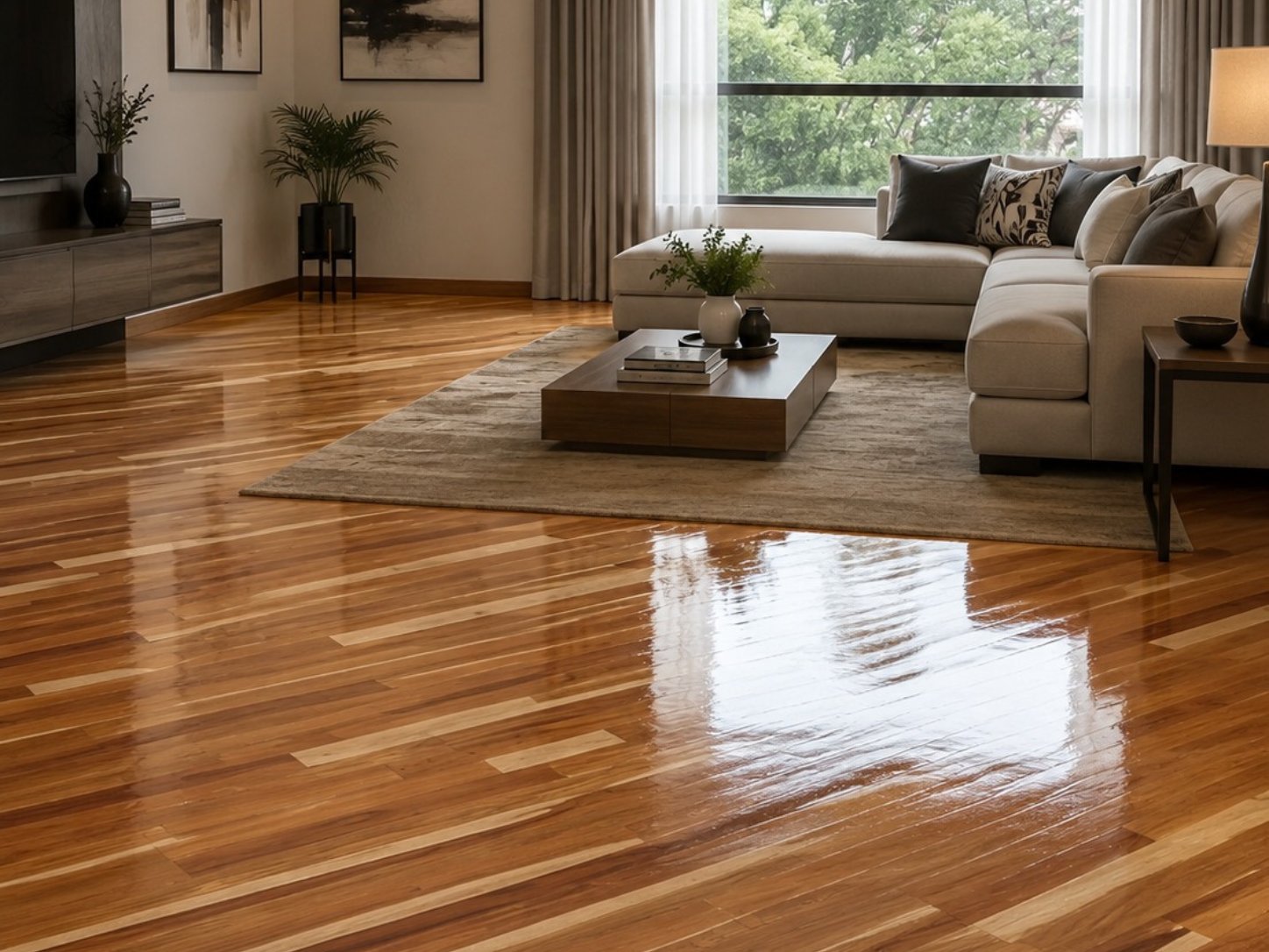 instalacion de piso de madera maciza granadillo en sala de entretenimiento de lujo